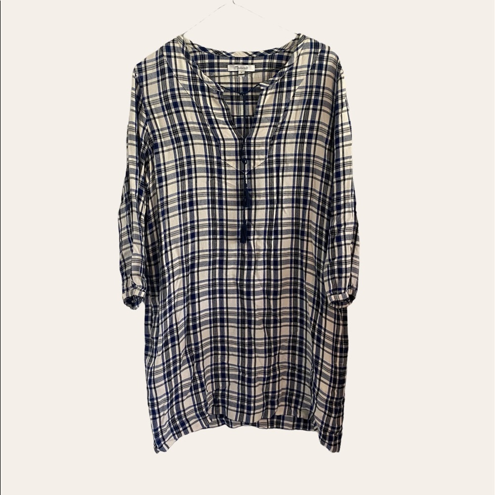 Lucky Brand Plaid Tunic Top Dress Blue White Tassle Front
